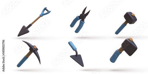 Construction Tools 3D Icons, Shovel, Hammer, Pickaxe, Pliers, Trowel, Heavy Duty Equipment For Building, Repair, Mining, DIY Projects, Isolated On White Background, Vector Illustration.