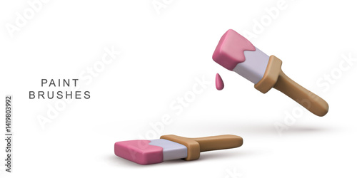 Paint Brushes With Pink Paint Dripping For Home Renovation, DIY Art Projects, Decorating, Repair, Modern Minimal 3D Style On White Background, Vector Illustration.