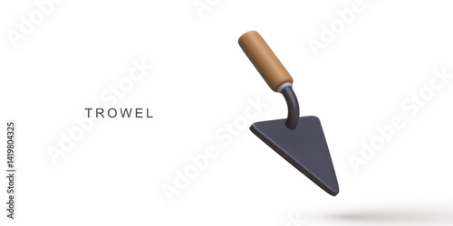 Trowel Tool With Wooden Handle And Steel Blade For Construction, Masonry, Gardening, And DIY Home Improvement In Minimal 3D Style On White Background, Perfect For Builders, Vector Illustration.