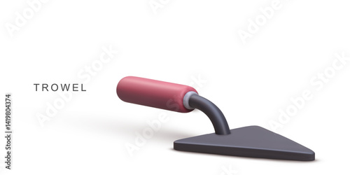 Trowel Tool With Metal Blade And Red Handle For Masonry, Construction, Building, Plastering, And Home Renovation Projects In Minimalist 3D Style On White Background, Vector Illustration.