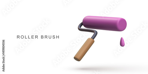 Paint Roller Brush 3D Icon, Minimal Cartoon Illustration Of Decorating Tool For Painting Walls, Renovation, DIY Projects And Construction Work, Isolated On White Background, Vector Illustration.