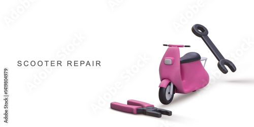Scooter Repair And Maintenance Concept, Motorbike Service And Mechanical Tools, Modern Transportation Fix Scene In 3D Cartoon Style, Vector Illustration.