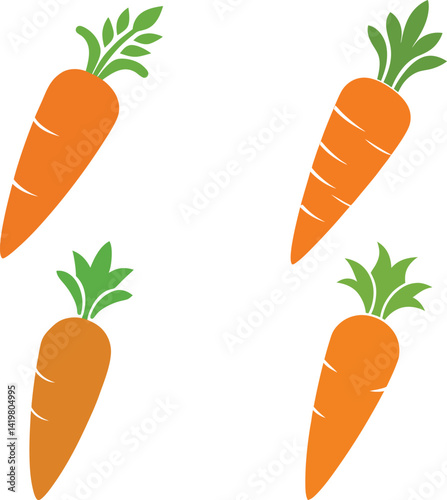 Four orange carrots with green leaves on a white background