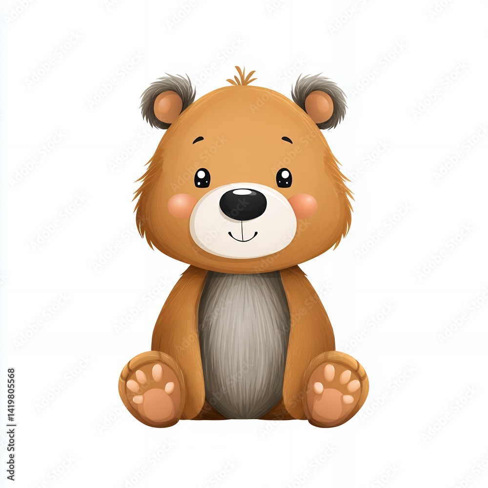 Fototapeta premium Adorable Brown Cartoon Bear Sitting on White Background