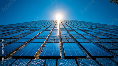 Solar panels shimmer under a clear blue sky, symbolizing clean energy solutions
