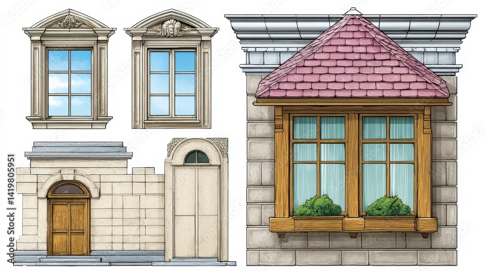 Architectural Design Elements Ornate Windows, Arched Door, and Bay Window Architectural Design Elements Ornate Windows, Arched Door, and Bay Window