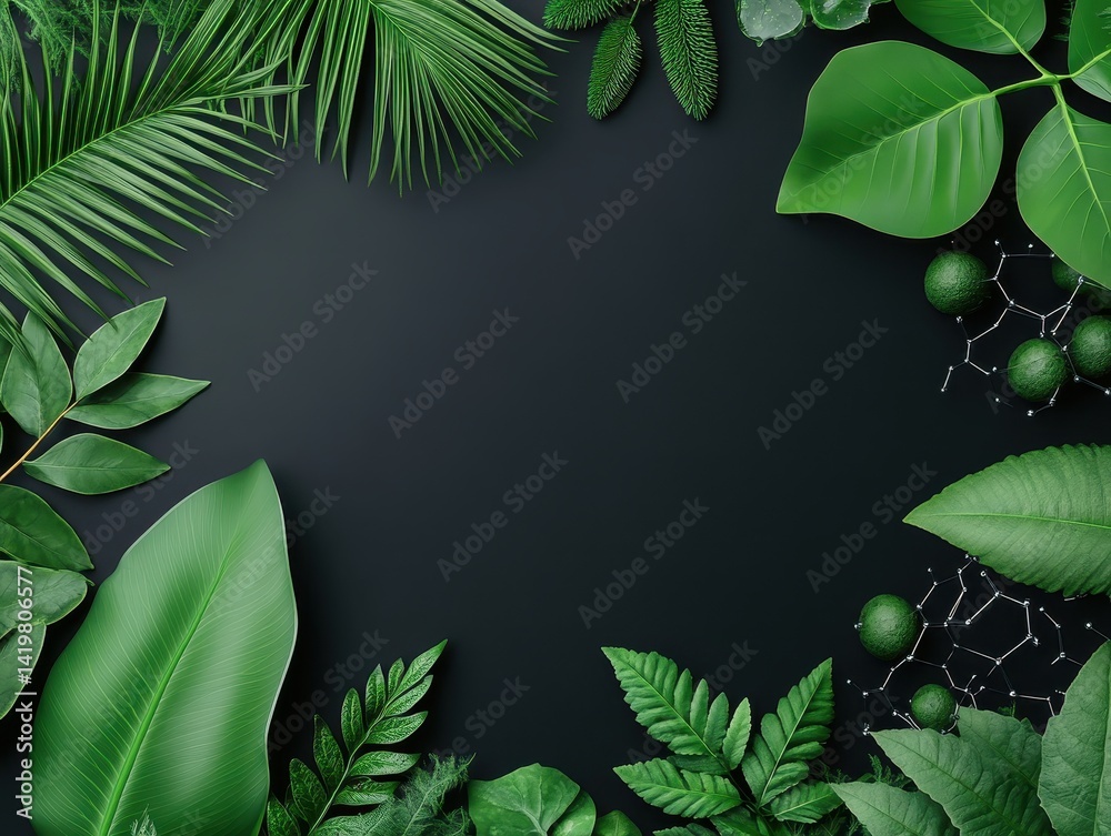 Fototapeta premium Lush green leaves frame a dark background