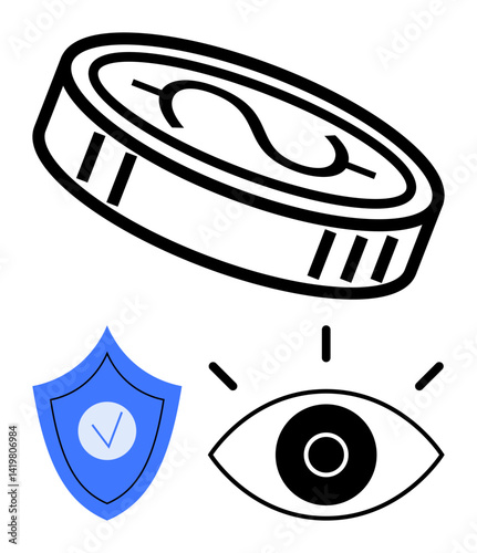 Coin with dollar sign, eye, and shield symbolize financial security, transparency, and protection. Ideal for finance, banking, savings, cybersecurity insurance trust and simple landing page