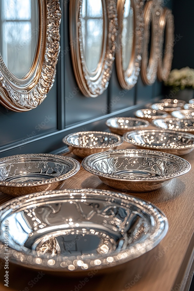 Silver bowls and platters are displayed on a wooden surface against a dark wall.