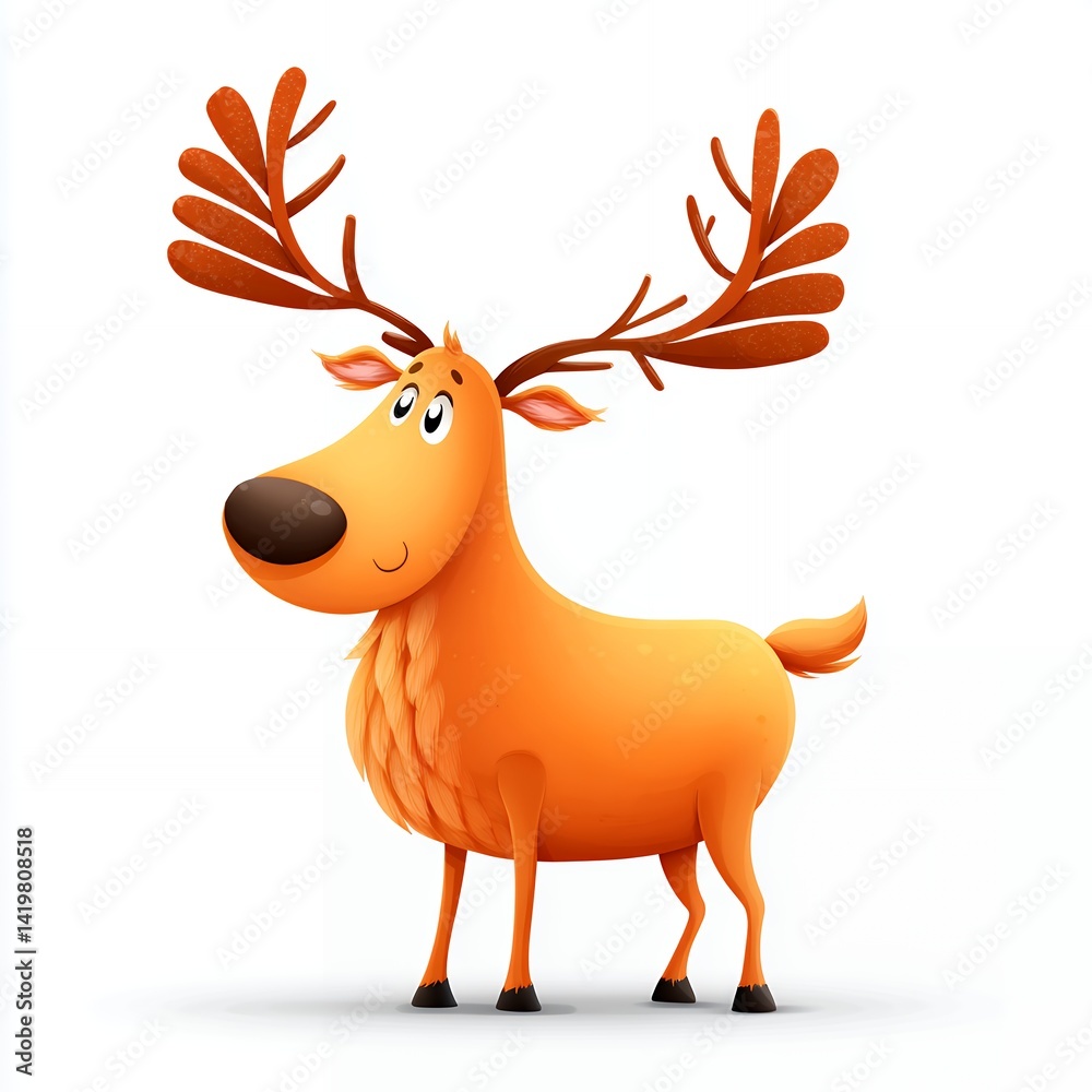 Fototapeta premium Cute Orange Cartoon Reindeer Illustration with Antlers on White Background