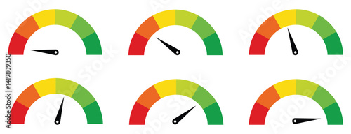 Speedometer icons set. Set of speedometer or gauge indicator symbol set. Test on dashboard in car. Vector illustration.