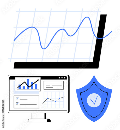 Line graph with upward trend, dashboard on desktop monitor showing analytics, and shield with checkmark for data security. Ideal for growth tracking, finance, technology, cybersecurity, statistics