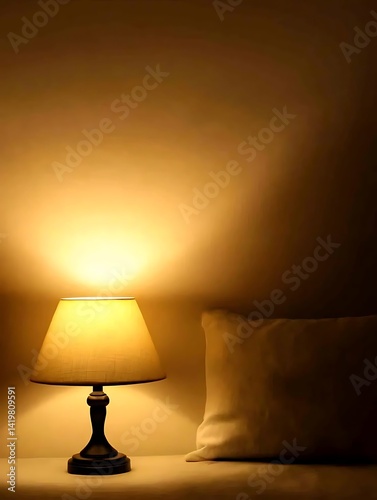 Wallpaper Mural Warm Yellow Table Lamp Illuminates Beige Pillow on Bedside Table Torontodigital.ca