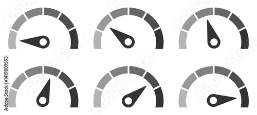 Speedometer icons set. Set of speedometer or gauge indicator symbol set. Test on dashboard in car. Vector illustration.