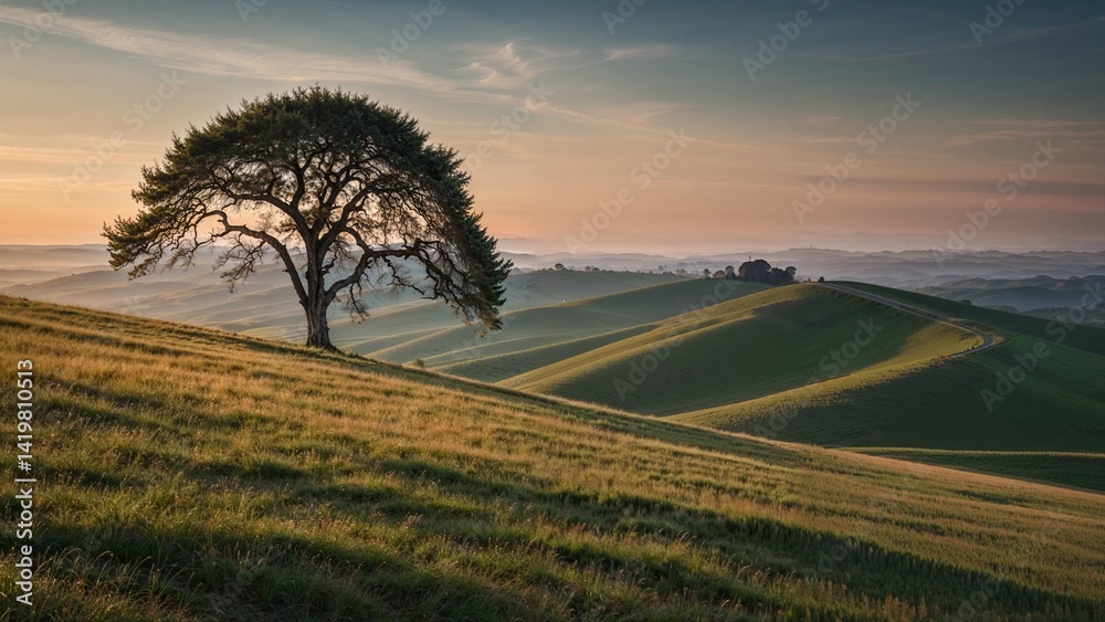 Obraz premium Lone Tree on Rolling Green Hills at Sunset