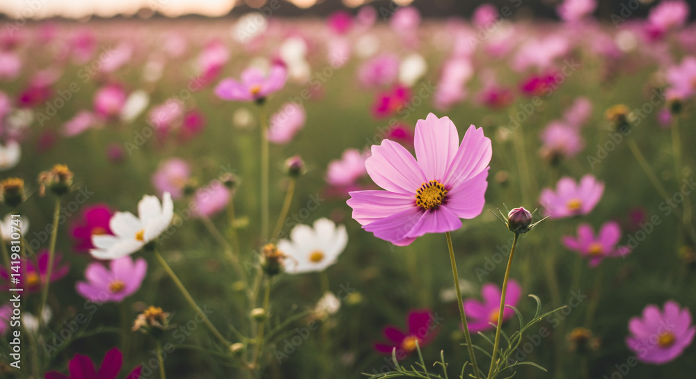 A field of cosmos flowers in bloom with pink and white petals under a soft sunlight setting sky A field of cosmos flowers in bloom with pink and white petals under a soft sunlight setting sky