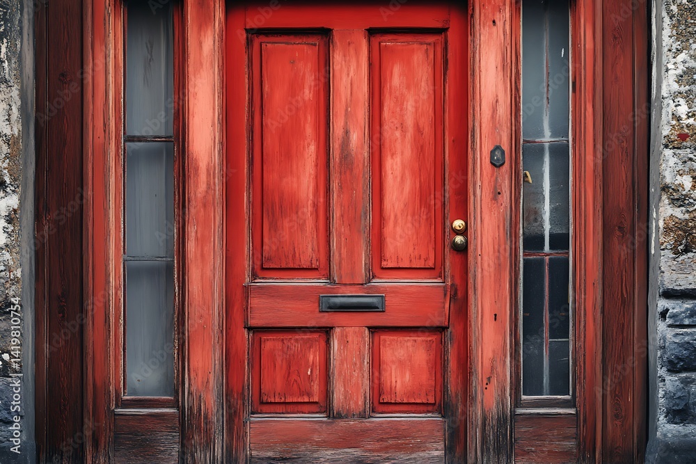 Weathered Red Wooden Door with Side Windows on Stone Building Facade Weathered Red Wooden Door with Side Windows on Stone Building Facade