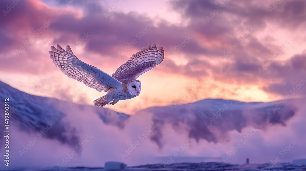 Fototapeta premium Snowy owl sunset flight, mountains, winter