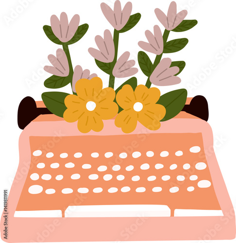 Hand drawn Beautiful Flowers Growing out from Old styled Vintage Typewriter Scandinavian Spring