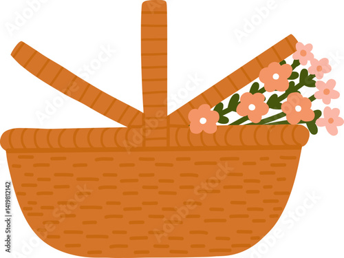 wicker basket with bouquet of flowers illustration cute elements spring picnic