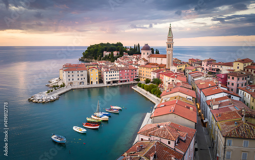 Picturesque Coastal Town of Piran, Slovenia at Sunset Aerial View of Adriatic Sea and Colorful Buildings