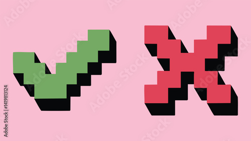 A vibrant graphic featuring a pixelated checkmark and a pixelated cross on a light pink background