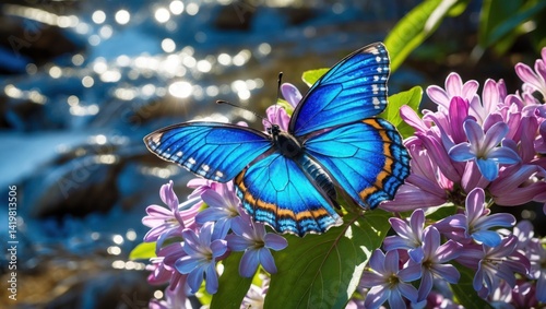 Blue Butterfly Resting on Purple Flower Cluster Near Sparkling Water