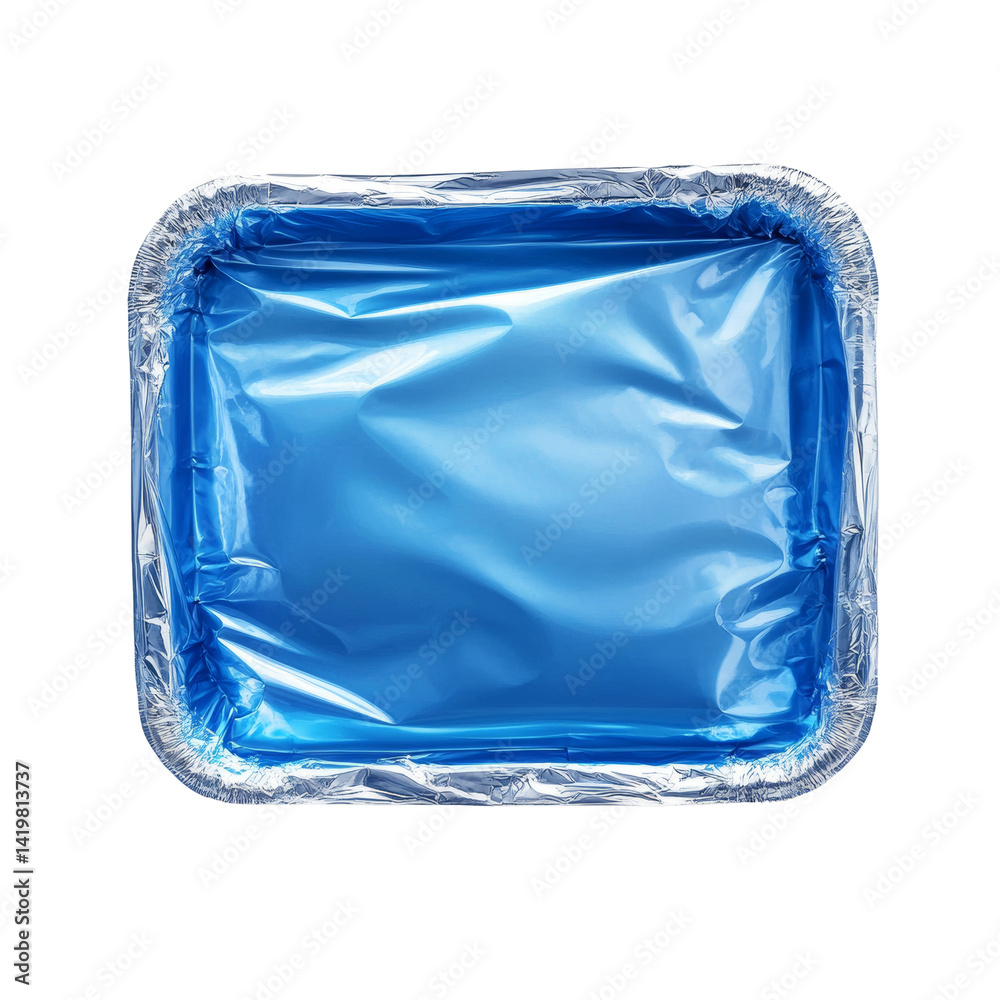 Fototapeta premium Azure reflection in foil container creating a minimalist abstract composition