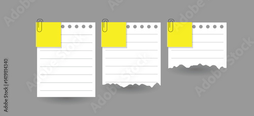 Notebook Page Clipped and Torn Set. Office space objects and appliances for making notes vector art