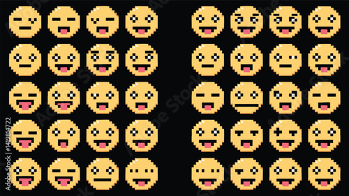 A grid of various pixelated emoji faces, showcasing a range of emotions from happy and surprised to sad and angry