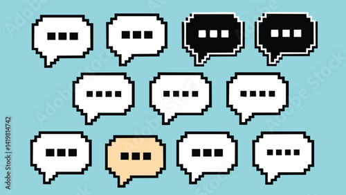 A set of pixelated speech bubbles in various colors (white, black, and beige/peach) against a light teal background photo