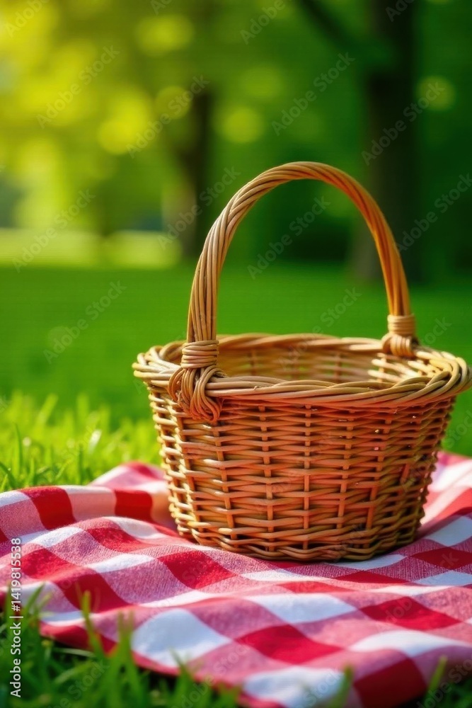 Red checkered picnic blanket, wicker basket, green grass, leisure, getaway, summer day Red checkered picnic blanket, wicker basket, green grass, leisure, getaway, summer day