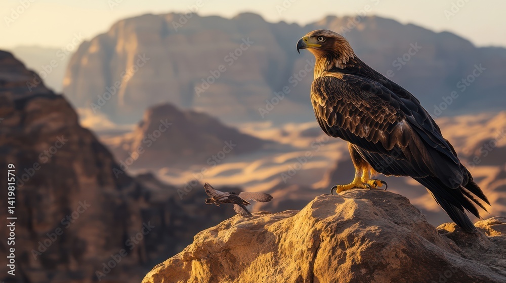 Fototapeta premium Eagle perched on rock, desert sunrise, Wadi Rum