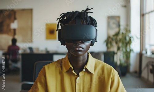 Young Black Man Wearing a VR Headset in a Modern Office
