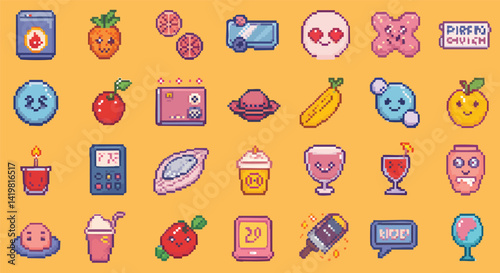 A collection of colorful pixel art icons featuring various food items, drinks, objects, and emojis
