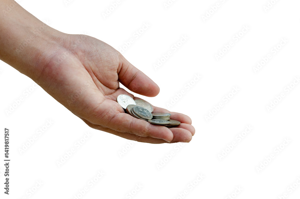 man holds a pile of silver coins in his palm. man holds a pile of silver coins in his palm.
