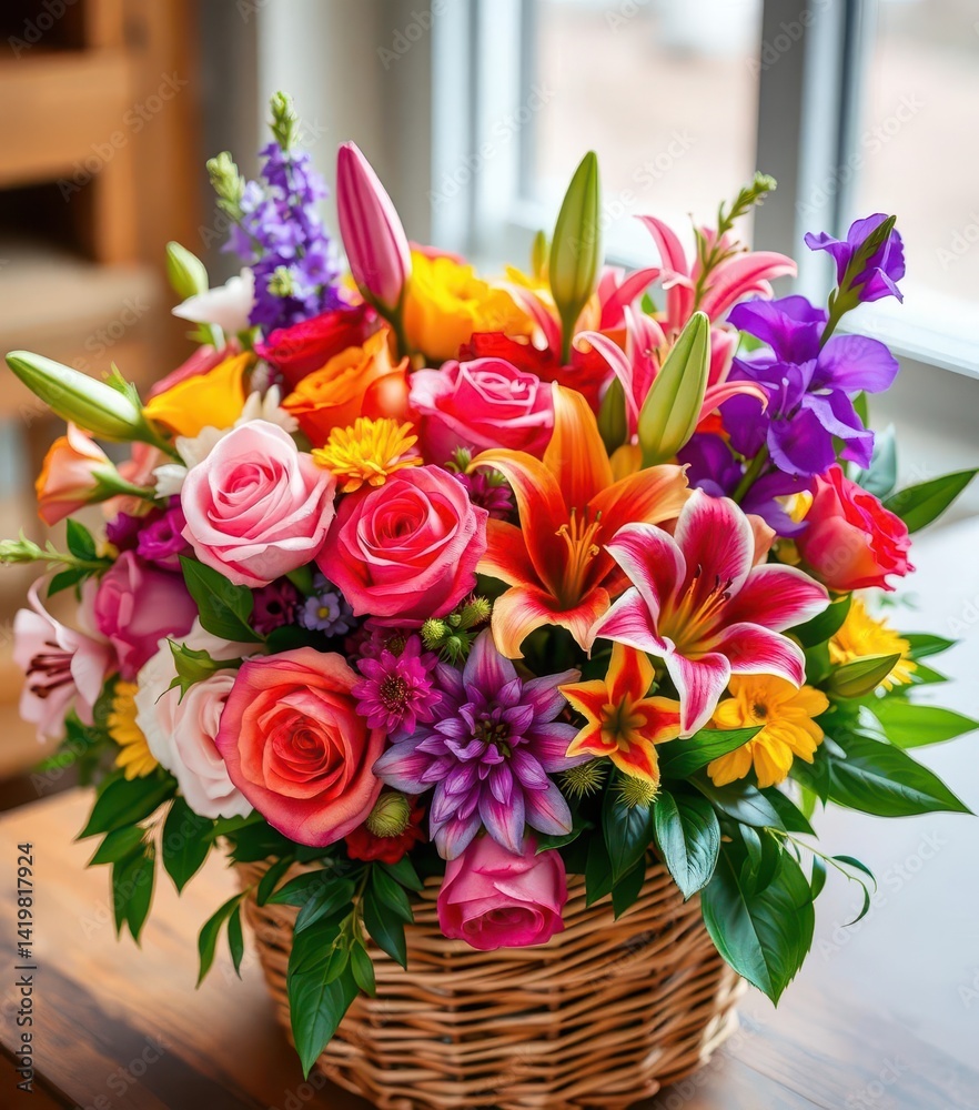 custom made wallpaper toronto digitalVibrant mixed flower bouquet in a woven basket; roses, lilies, colorful blooms, wedding, nature, blossom
