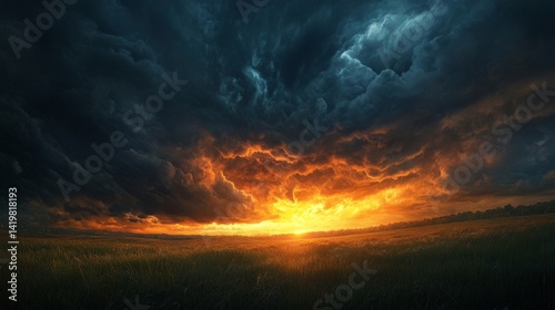 Fiery Sunset with Dramatic Storm Clouds Over Field