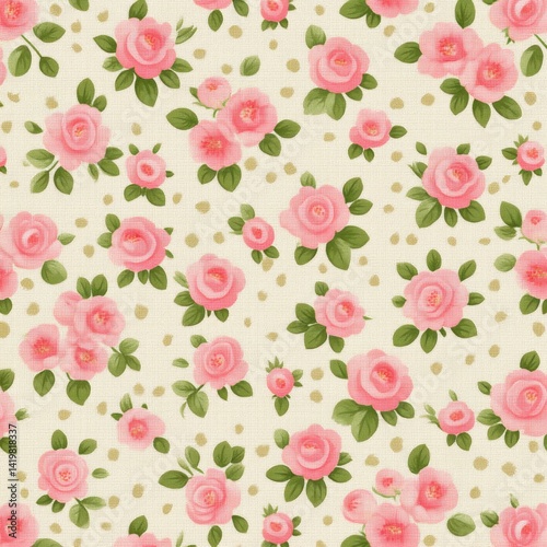 Wallpaper Mural Floral pattern with pink roses and green leaves on a textured background. Torontodigital.ca