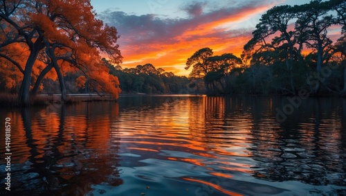 Reflecting Sunset Over Calm Lake Water With Trees and Colorful Sky