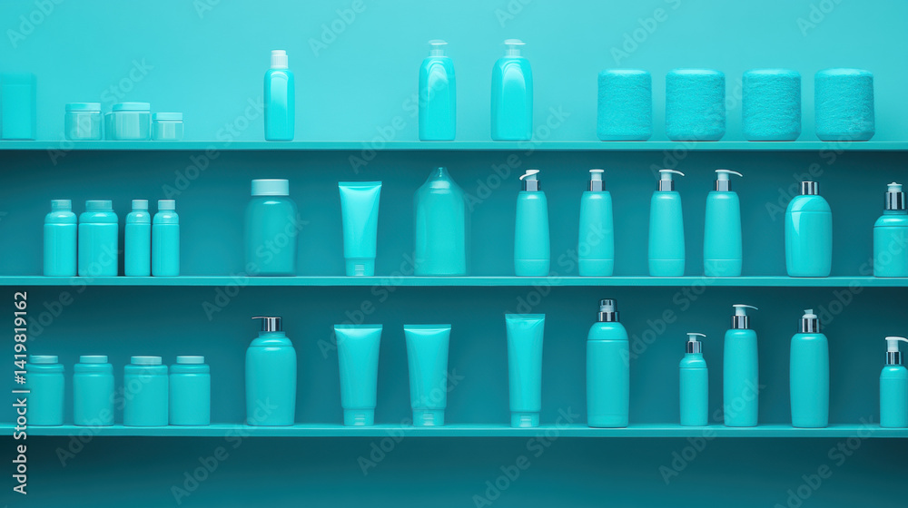 Colorful display of cosmetic bottles on shelves. Colorful display of cosmetic bottles on shelves.