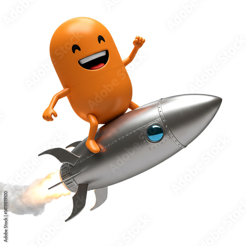 3d pill character riding a rocket isolated on white background
