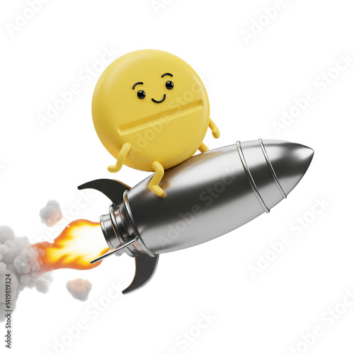 3d pill character riding a rocket isolated on white background
