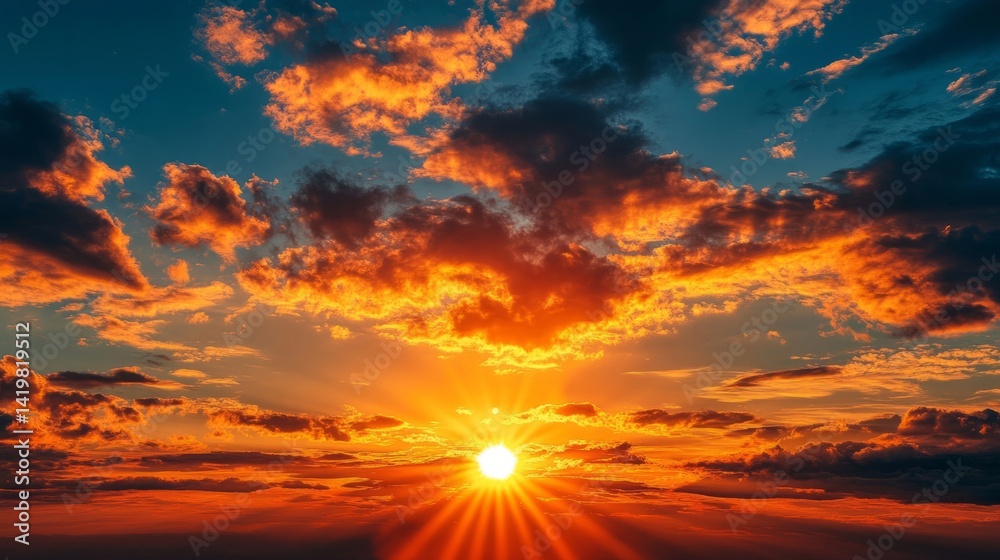 Fototapeta premium Fiery Orange Sunset Sky with Dramatic Clouds