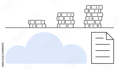 Stacks of coins growing in height above a cloud, next to a document. Ideal for finance, investment, savings, cloud storage, data management, growth visualization digital economy. Flat simple