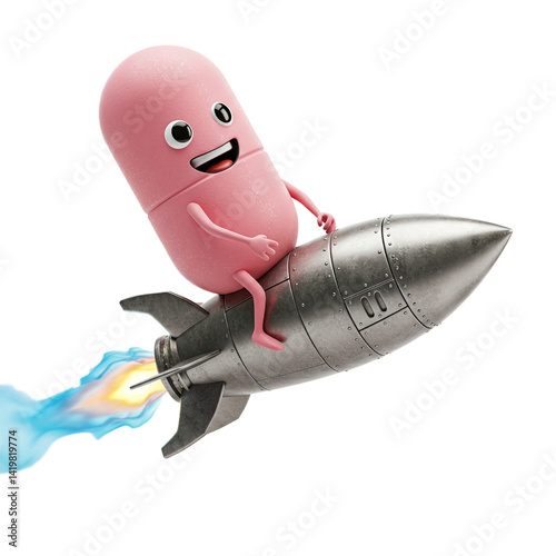 3d pill character riding a rocket isolated on white background

