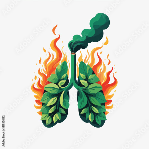 green leaf icon forming the lungs of a smoker, fiery and smoky