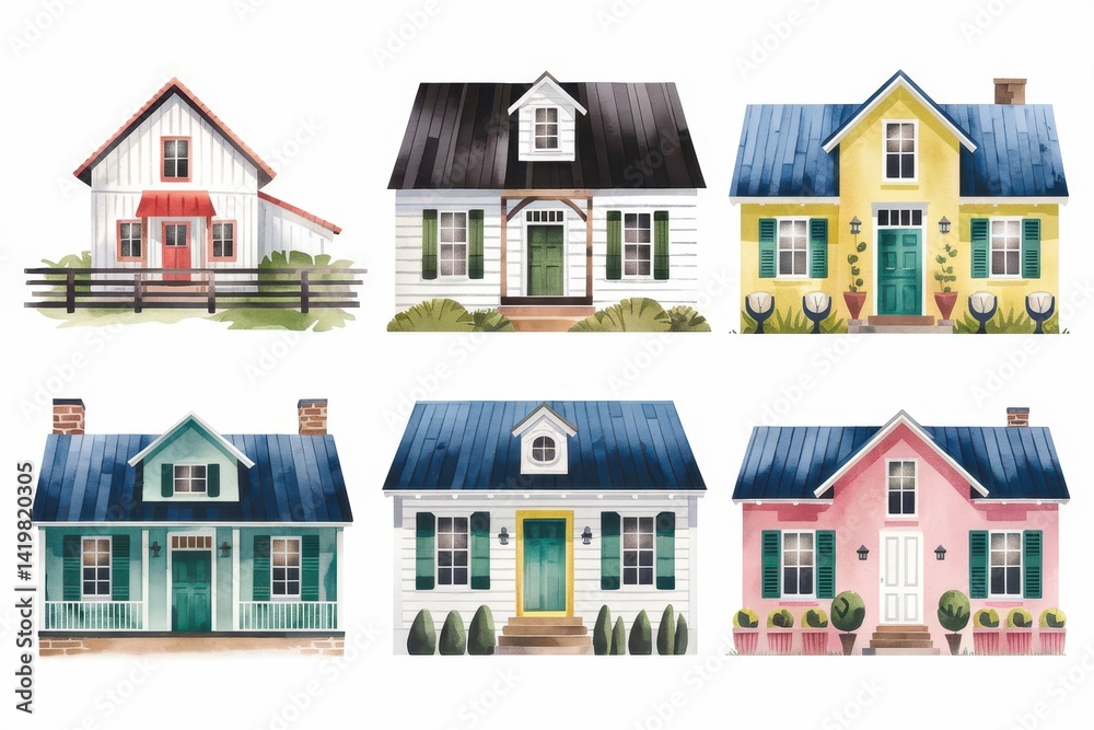 Watercolor illustrations of charming, quaint houses.