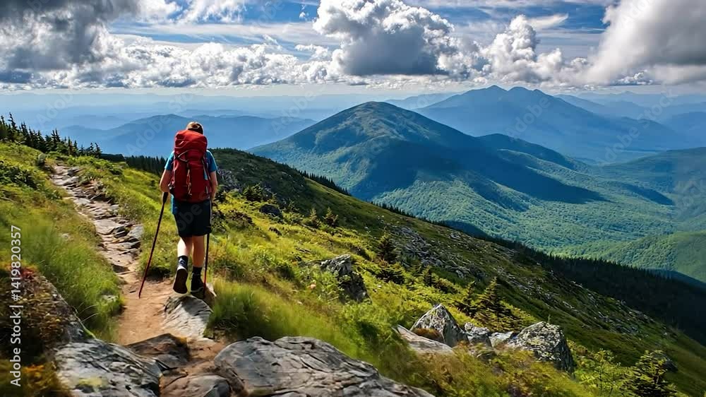 Hikers on Mountain Trail with Dramatic Landscape Hikers on Mountain Trail with Dramatic Landscape