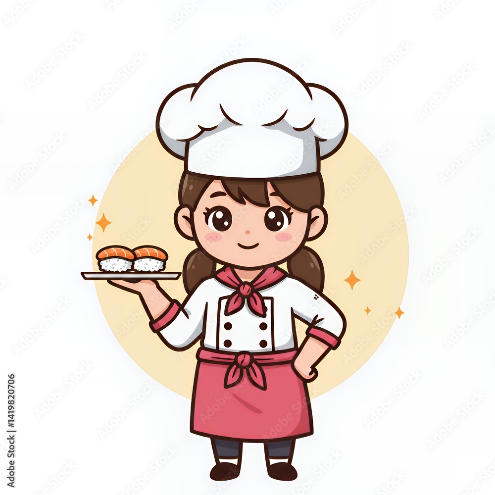 Chef Serving Sushi Plate in Cartoon Illustration Style Chef Serving Sushi Plate in Cartoon Illustration Style